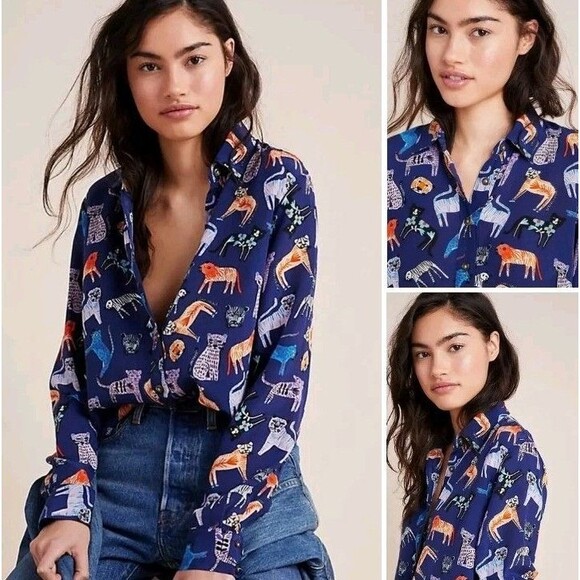 Anthropologie Tops - Anthropologie Carolyn Gavin Shirt Blue Mariposa Silk Blouse Cat Lion Leopard 4